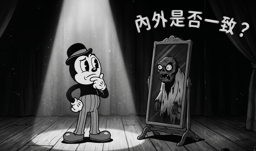 一個戴禮帽的紳士角色站在聚光燈下照鏡子,鏡中卻映照出一個破舊的殭屍怪獸,上方帶有繁體中文藝術字「內外是否一致?」,用來隱喻企業品牌定位與實際落差的痛點。
