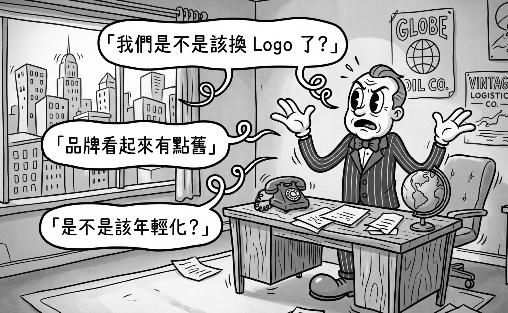 一名身穿條紋西裝的男子在辦公桌前神色焦慮震驚，身旁帶有繁體中文對話框，寫著「我們是不是該換 Logo 了？」、「品牌看起來有點舊」、「是不是該年輕化？」，適合用於詮釋品牌面臨改造時的初始盲點。