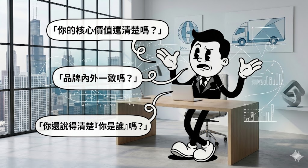 一名男子在現代辦公室中神色驚訝、雙手攤開,身旁有三個繁體中文對話框,寫著「你的核心價值還清楚嗎?」、「品牌內外一致嗎?」、「你還說得清楚『你是誰』嗎?」,用於引導企業進行品牌檢視。